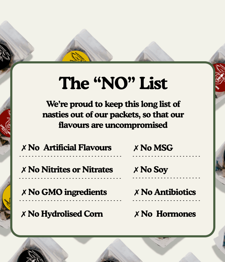 The Fairymount Jerky No List with Mixed Flavour Packet Background