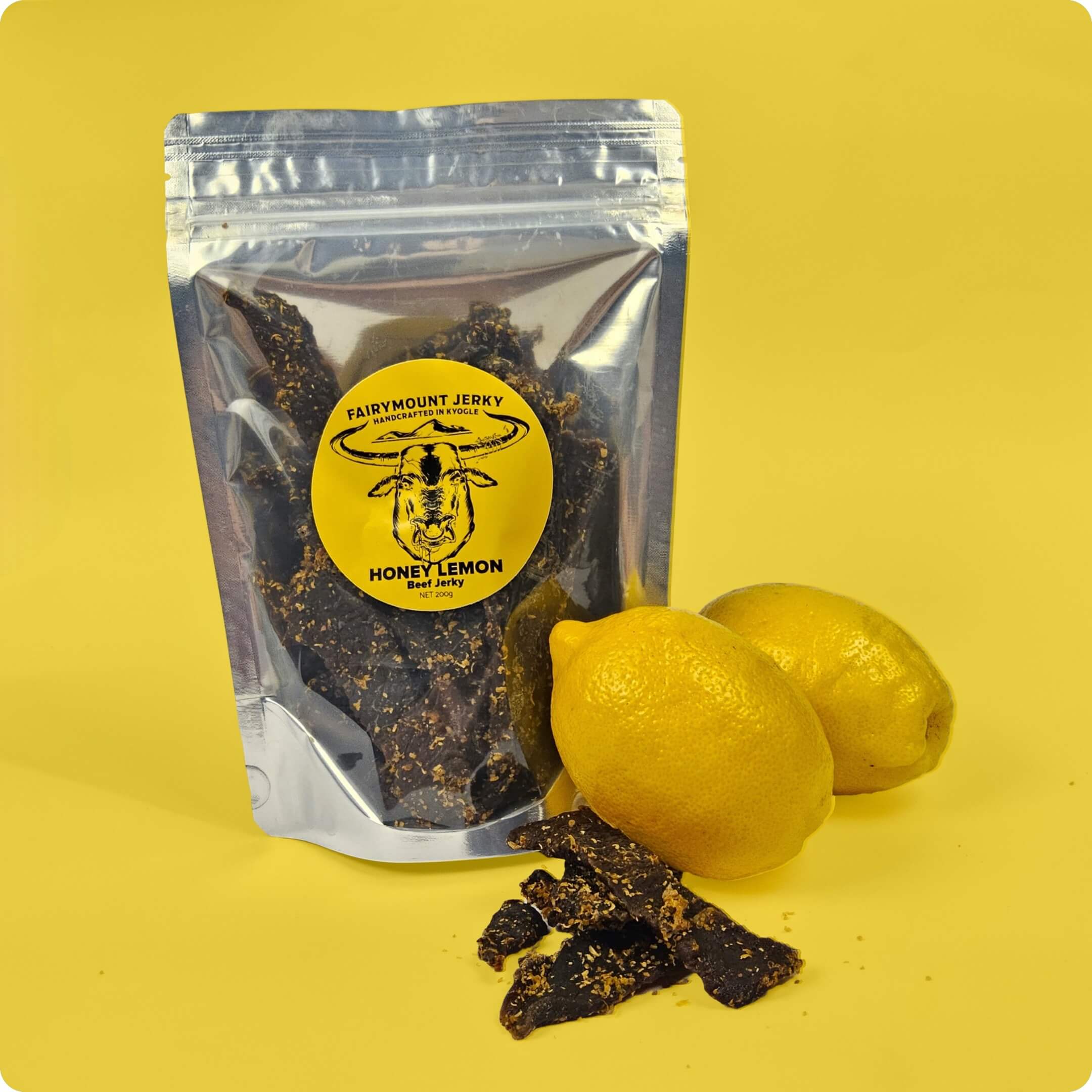 Honey Lemon Beef Jerky with Yellow Background